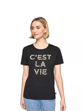 Karl Lagerfeld Black 'C'EST LA VIE' Pearl And Gold Appliqué Crewneck Tee